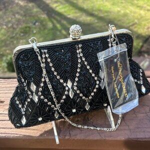 D'MARGEAUX New York - NWT Black Beaded/Clear Rhinestone Evening Clutch PURSE